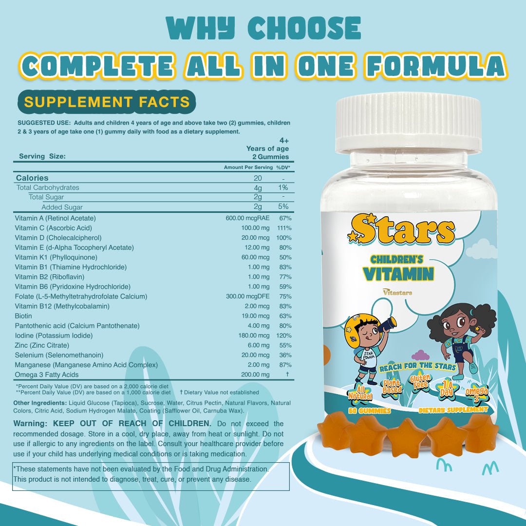 Nutrition facts for VitaStars Kids Complete Wellness Bundle – Multivitamin Gummies + Probiotic Gummies + Elderberry Immunity Gummies – Gluten Free Vegan, 3 Pack